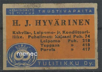 Kauppiasetiketti, H. J. Hyvärinen, Kajaani 
