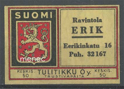 Tulitikkuetiketti, Ravintola Erik, Helsinki 