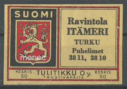 Tulitikkuetiketti, Ravintola Itämeri, Turku 