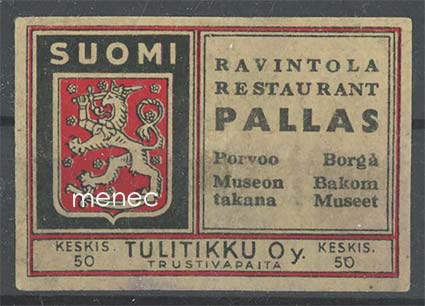 Tulitikkuetiketti, Ravintola Pallas, Porvoo 