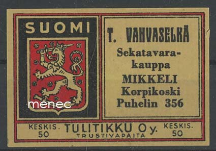 Tulitikkuetiketti, T. Vahvaselkä, Mikkeli, Korpikoski 