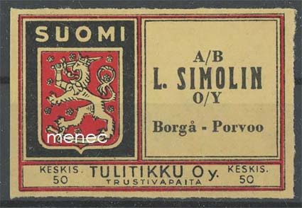 Tulitikkuetiketti, L. Simolin O/Y, Porvoo 