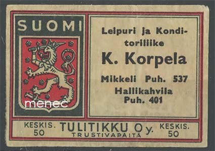 Tulitikkuetiketti, K. Korpela, Mikkeli 