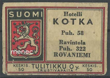 Tulitikkuetiketti, Hotelli Kotka, Rovaniemi, 2 kpl 