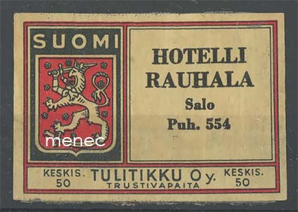 Tulitikkuetiketti, Hotelli Rauhala, Salo 