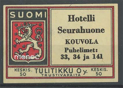 Tulitikkuetiketti, Hotelli Seurahuone, Kouvola 