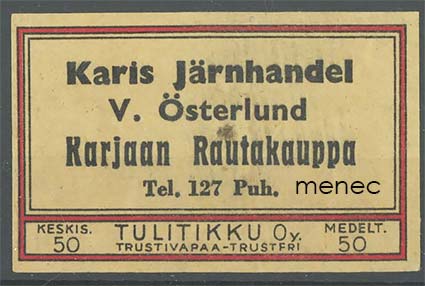 Kauppiasetiketti, Karjaan Rautakauppa, V. Österlund 