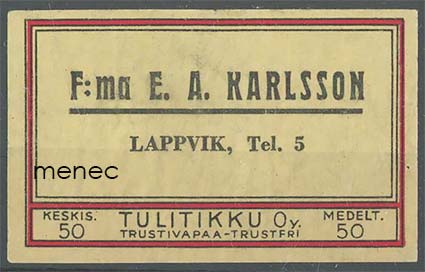 Kauppiasetiketti, F:ma E. A. Karlsson, Lappohja, Hanko 