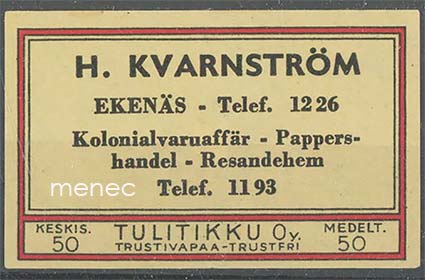 Kauppiasetiketti, H. Kvarnström, Tammisaari 