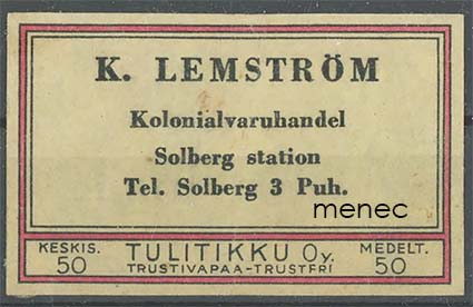 Kauppiasetiketti, K. Lemström, Päivölän rautatieasema, Inkoo 