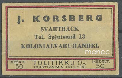 Kauppiasetiketti, J. Korsberg, Svartbäck, Porvoo 