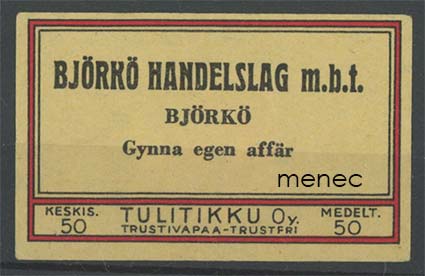 Kauppiasetiketti, Björkö Handelslag, Mustasaari, 2 kpl 
