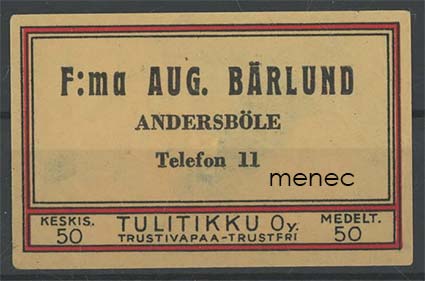 Kauppiasetiketti, F:ma Aug. Bärlund, Andersböle, Porvoo 