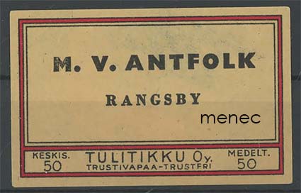 Kauppiasetiketti, M. V. Antfolk, Rangsby, Närpiö 