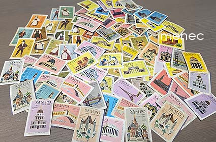 Tulitikkuetikettejä, kansallispuku- (18 kpl) ja nähtävyyssarjaa (76 kpl) 