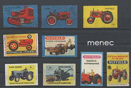 Tulitikkuetikettejä, maatalouskoneita, 9 kpl 