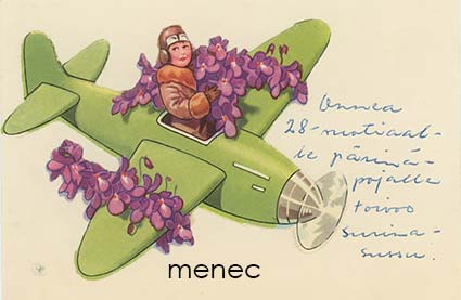 Lentäjätyttö, preeglattu korukortti 