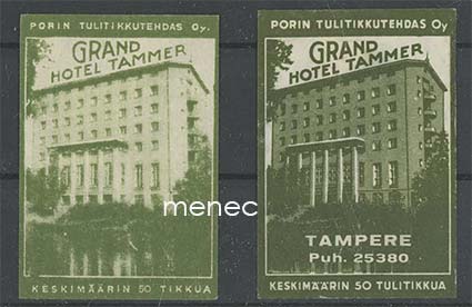 Tulitikkuetikettejä, Grand Hotel Tammer, Tampere, 2 erilaista 