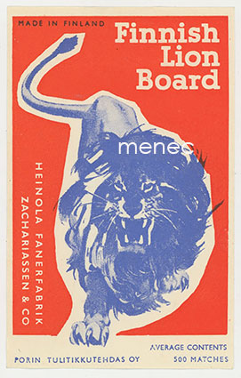 Tulitikkuetiketti, iso, Finnish Lion Board, Heinolan Faneritehdas 