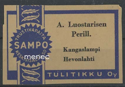 Kauppiasetiketti, A. Luostarisen Perill., Kangaslampi, Hevonlahti 