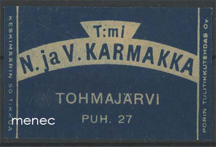 Tulitikkuetiketti, T:mi N. ja V. Karmakka, Tohmajärvi 