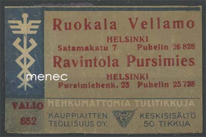 Tulitikkuetiketti, Ruokala Vellamo / Ravintola Pursimies, Helsinki 