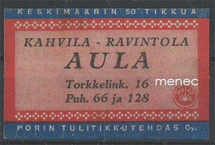 Tulitikkuetiketti, Kahvila Aula, Viipuri 