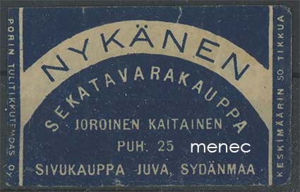 Tulitikkuetiketti, Sekatavarakauppa Nykänen, Joroinen, Kaitainen 