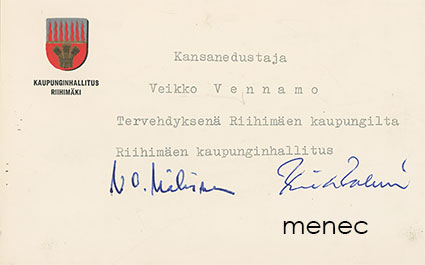 Lahjoituskortti Riihimäen kaupunginhallitukselta Veikko Vennamolle 