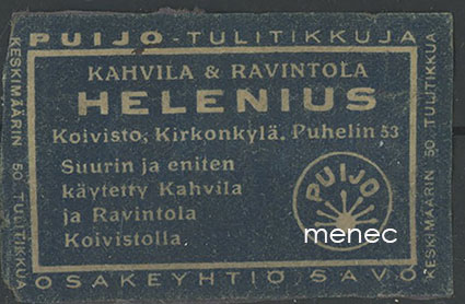 Tulitikkuetiketti, Kahvila & ravintola Helenius, Koivisto, kirkonkylä 