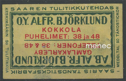 Tulitikkuetiketti, Alfr. Björklund, Kokkola 
