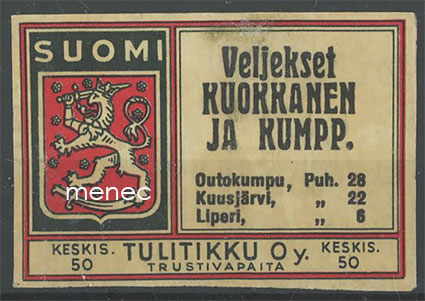 Kauppiasetiketti, Veljekset Kuokkanen ja Kumpp., Outokumpu, Kuusjärvi ja Liperi 