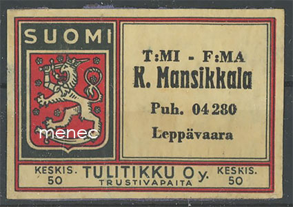 Kauppiasetiketti, T:mi K. Mansikkala, Leppävaara, Espoo 