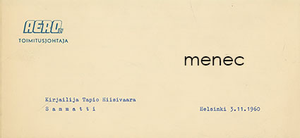 Aero, toimitusjohtaja Gunnar Korhosen kirje kirjailija Tapio Hiisivaaralle helikopterilennoista 