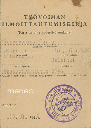 Työvoiman ilmoittautumiskirja 1943 