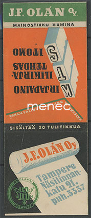 Tulitikkuetiketti, litteä, J. F. Olán, Tampere 