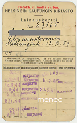 Kirjastokortti tietokirjallisuutta varten 1944 