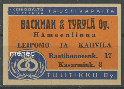 Kauppiasetiketti, Backman & Tyrylä, Hämeenlinna 