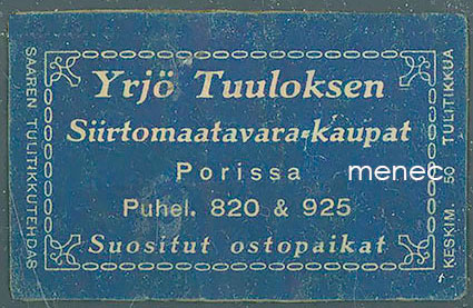 Kauppiasetiketti, Yrjö Tuuloksen Siirtomaatavara-kaupat, Pori 