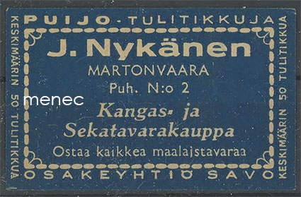 Kauppiasetiketti, J. Nykänen, Martonvaara, Polvijärvi 