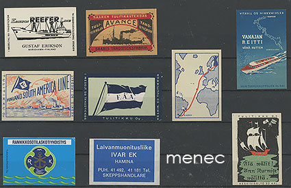 Tulitikkuetikettejä, meriaiheita, 9 kpl 