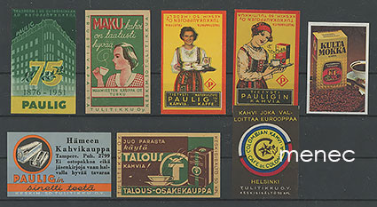 Tulitikkuetikettejä, kahviaiheita, 8 kpl 