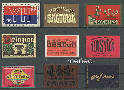 Tulitikkuetikettejä, ravintoloita, 9 kpl 