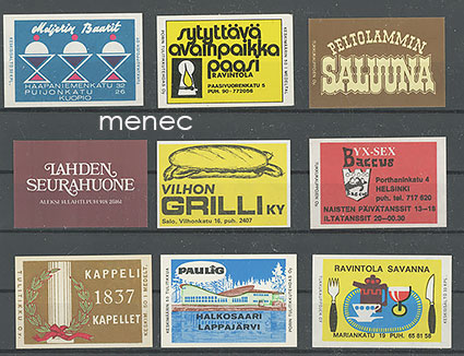 Tulitikkuetikettejä, ravintoloita, 9 kpl 