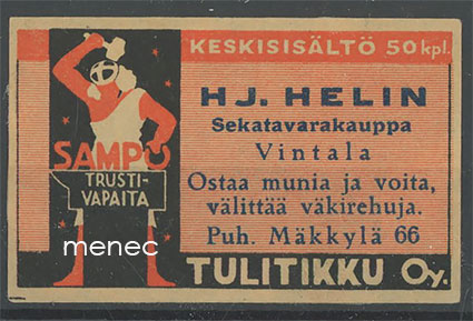 Seppä-etiketti, Hj. Helin, Vintala, Lieto 