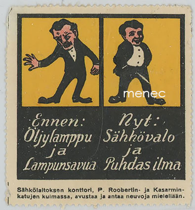 Mainosmerkki, Ennen: öljylamppu ja lampunsavua, nyt: sähkövalo ja puhdas ilma 