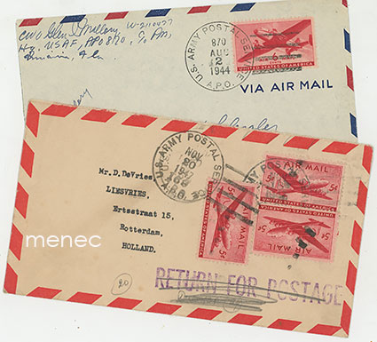 USA, sotilaspostilähetyksiä 1944 (6c) ja 1947 (5c) Eurooppaan 