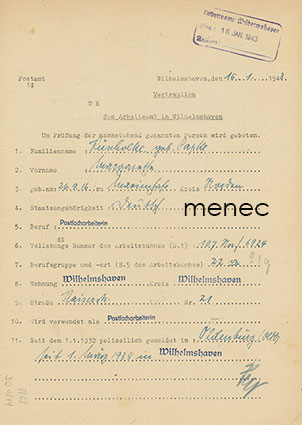 Gestapon käsittelyraportti Arbeitsamt Wilhelmshavenissa: postivirkailijan ilmoittautumiset kahdella sivulla 1943 