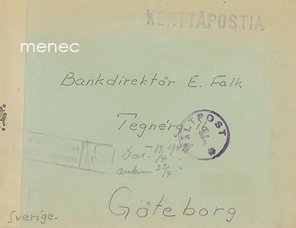 Kenttäpostia, ruotsalaisen vapaaehtoisen kirje Göteborgiin 1942. Sensuurin avaama 