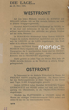 Lentolehtinen 28.3.1945, saksalaisille kartan kera tiedoksi rintamatilanne 
